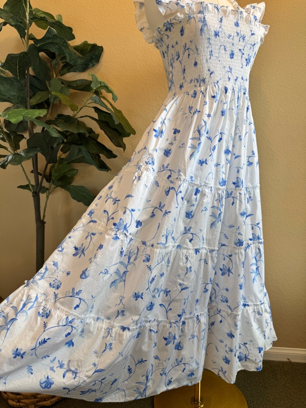 Hill House The Ellie Nap Dress Women’s L Blue Botanical Floral Midi Smocked - Picture 5 of 12